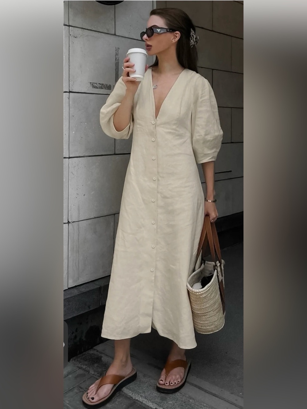 Commense Cream V-Neck Button-Front Maxi Dress Sz L